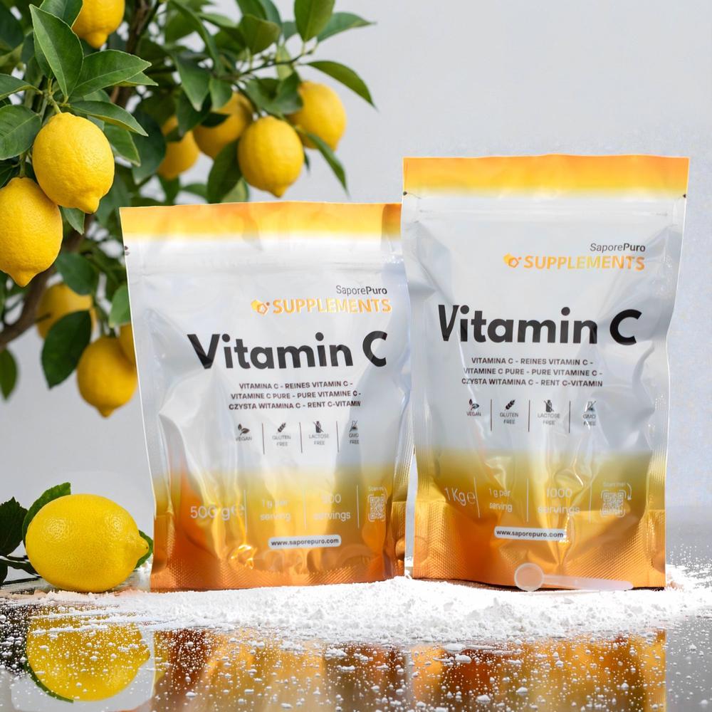 Two sachets of SaporePuro Vitamin C (Acido Ascorbico) supplement, showing the packaging with clear product branding.
